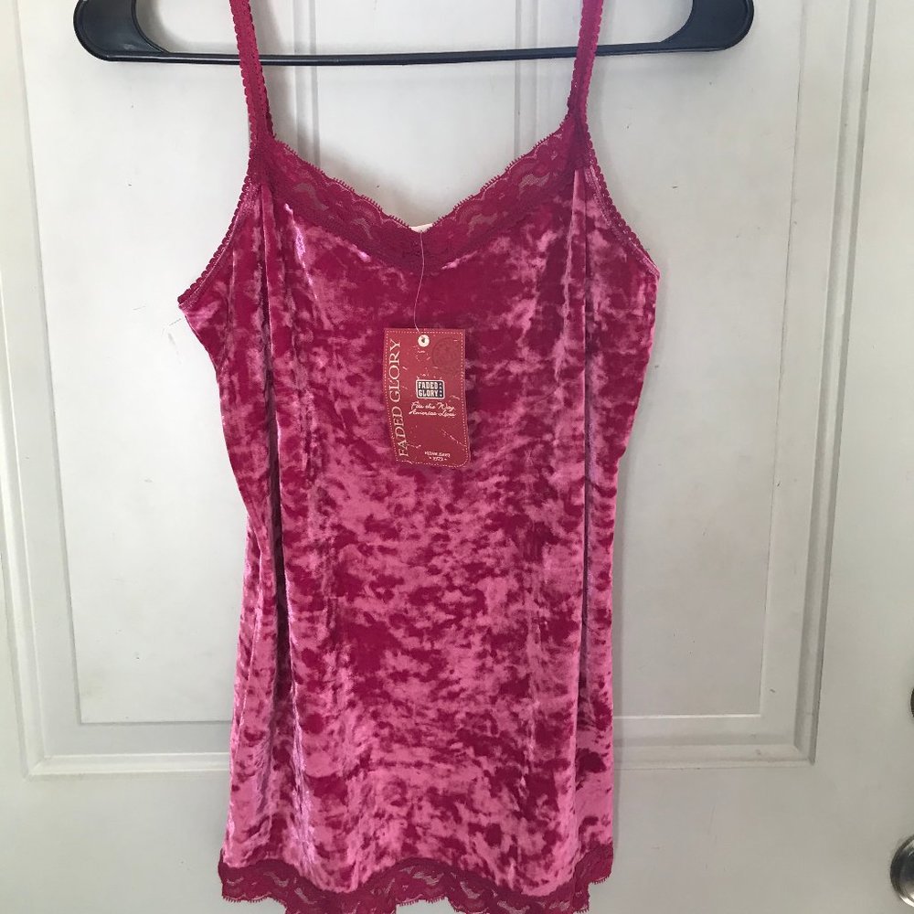 Faded Glory hot pink crushed velvet lace trim cami
